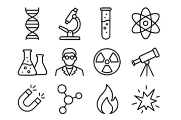 Science, Research, and Laboratory Icon Set: Vector Outline Icons for DNA, Microscope, Chemistry, and Physics with Adjustable Line Weight