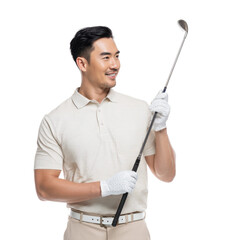 A handsome Asian man smiles confidently as he holds a golf club, enjoying an outdoor moment on a sunny day