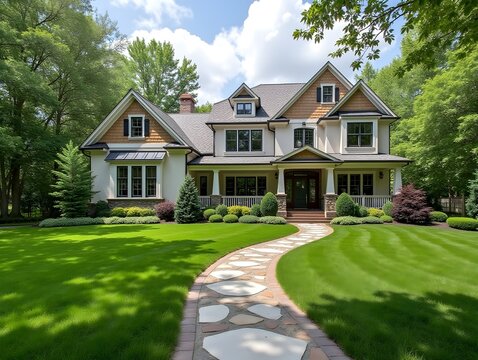 Beautiful craftsman home with lush landscaping and winding stone path