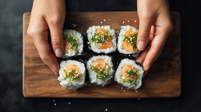 Hand preparing sushi on a wooden board in a minimalistic setting