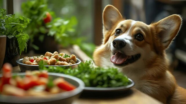 Happy corgi dog eagerly looks at plates of fresh food and greens on a wooden table