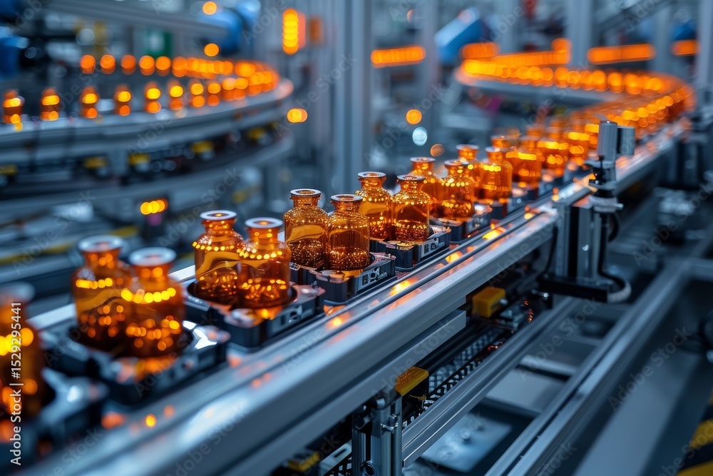 Aufkleber an intricate view of amber-colored glass bottles moving along a conveyor belt in a modern factory, s