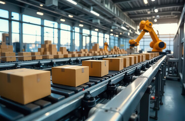 A modern packaging workshop with automated conveyor belts filled with cardboard boxes.