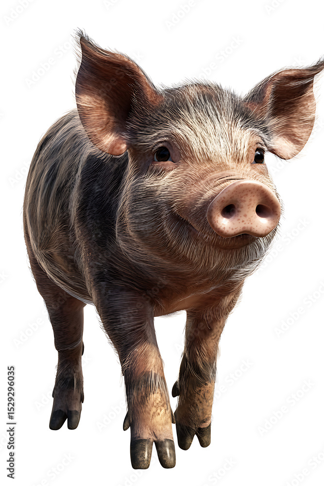 Poster playful piglet running joyfully in a bright, open field with lush greenery in the background