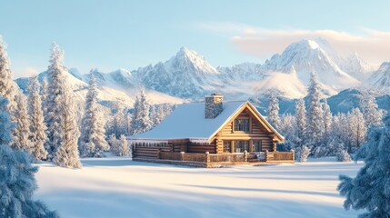 Cozy log cabin nestled in snowy mountain landscape, bathed in morning sunlight.