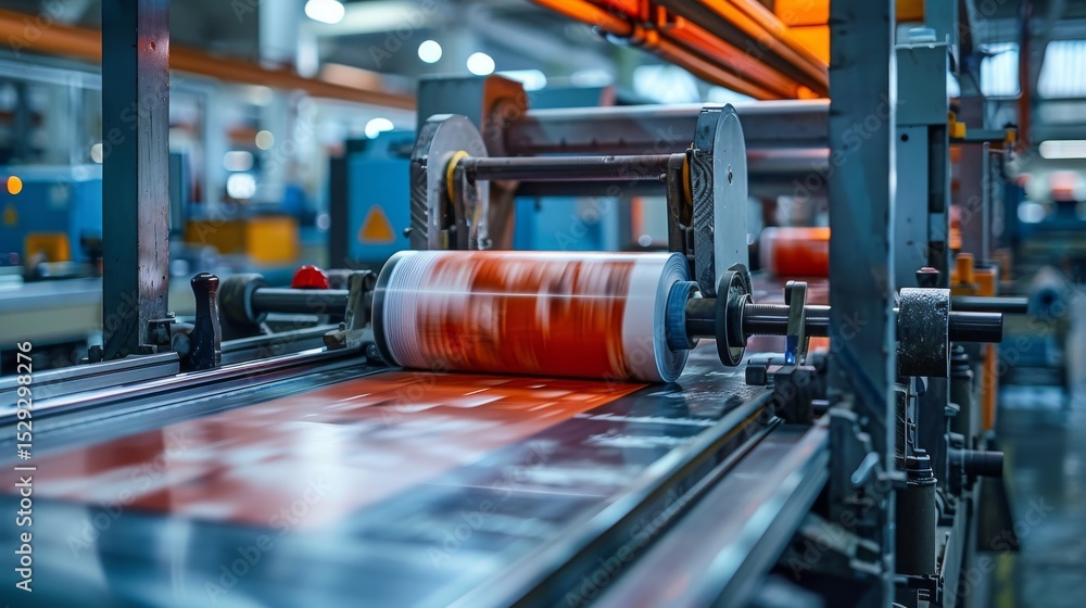 Poster an industrial printing press operates with vibrant inks, showcasing technological advancement and th