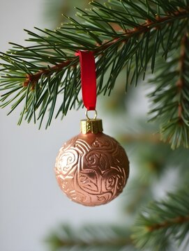 Hanging Christmas Ornament on Pine Tree Branch with Red Ribbon