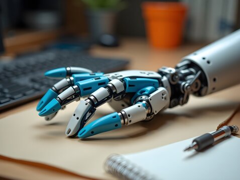 Mechanical robotic hand assembled from plastic components and wires on work desk at home