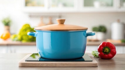 Bright blue pot on a wooden board with fresh vegetables in a modern kitchen setting.