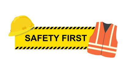 safety first, Engineer helmet on yellow background, safety equipment, construction concept, vector design