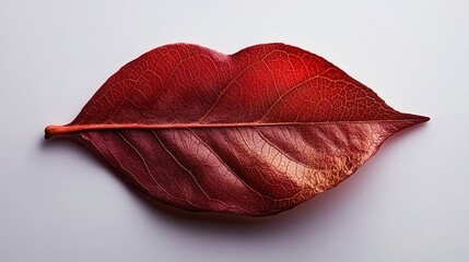 Red leaf shaped as lips lies on a white background. It's perfect for beauty, nature, and autumnal themes.
