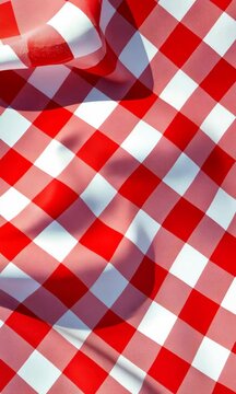Red and white checkered fabric with a smooth texture. The pattern consists of alternating squares, creating a classic picnic or tablecloth design.