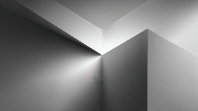 Light rays streaming through architectural space, casting sharp geometric shadows and creating dramatic contrast within minimalist interior design