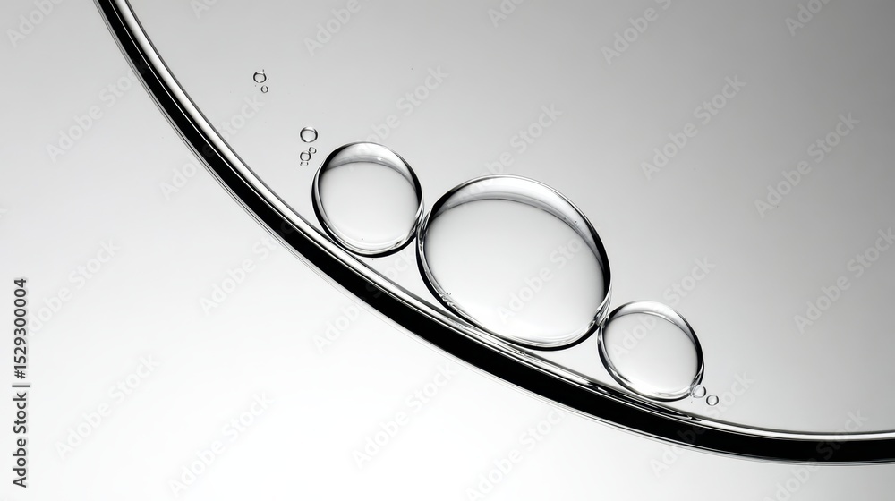 Poster translucent spheres varying in scale balancing along sleek metallic curve, producing minimalist grap