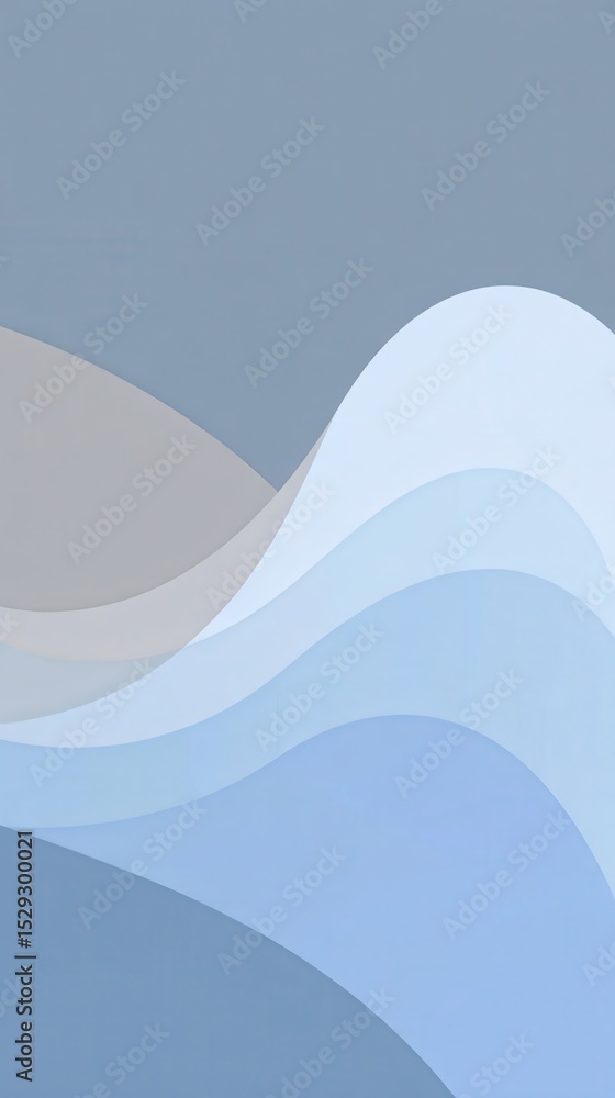 Poster soft blue gray gradient merging in smooth, flowing curves, creating peaceful, minimalist backdrop wi