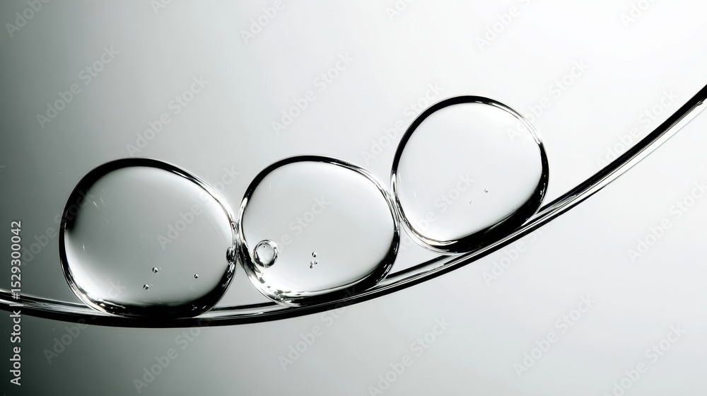 Poster transparent soap bubbles clustering on liquid surface, creating curved linear abstract composition, 