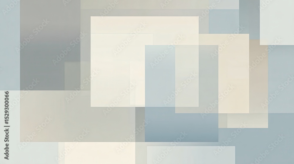 Poster pastel hued translucent squares intersecting softly, generating geometric abstraction with contempor
