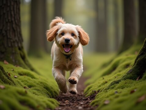Dog runs happily through a mossy forest path
