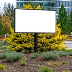Blank Billboard Mockup Modern Building Background, Yellow Green Landscaping