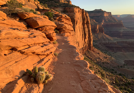 A breathtaking hiking trail on a red rock cliff edge during a golden sunset. Scenic American Southwest landscape with a cactus and a dramatic canyon view.