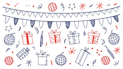 Hand drawn party elements with gifts, flags, confetti and disco balls in red and blue color scheme design