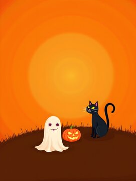 Spooky ghost, black cat and pumpkin on orange gradient background. Halloween illustration with copy space for design, banner, template, artwork, wallpaper