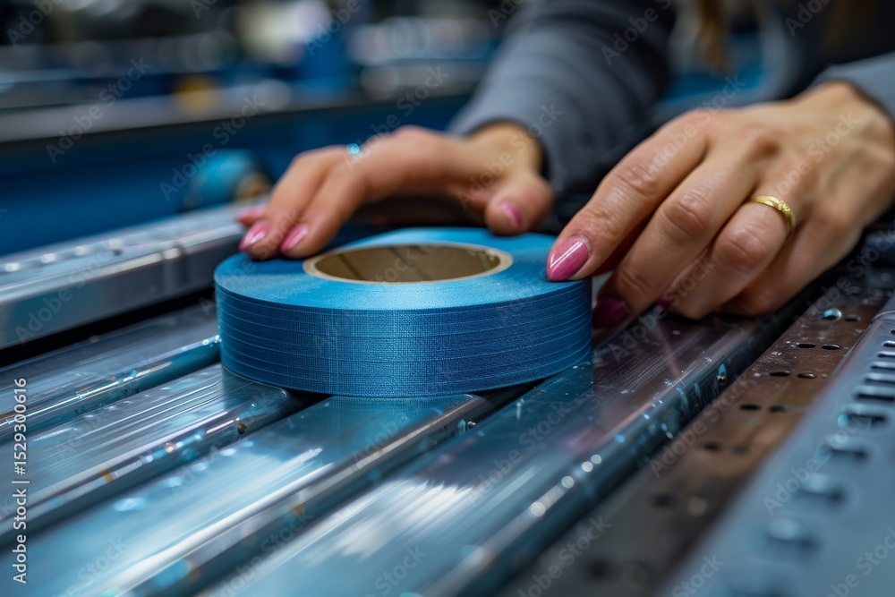 Poster a striking close-up image showcasing a blue ribbon being placed on a production line, highlighting t