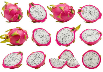 Vibrant dragon fruit slices arranged artistically on a white background, showcasing their unique texture