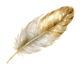 Elegant Golden Feather with Glitter on White Background - Isolated Decorative Element for Design Projects and Creative Compositions