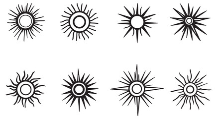 Eight Black and White Sun Icons Set Mobile App Symbols