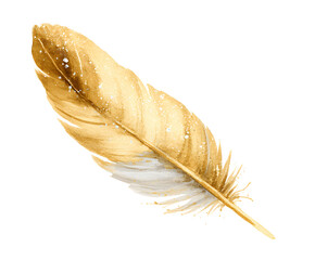 Watercolor Golden Feather with Glitter Isolated on White Background - Elegant Illustration for Design Projects and Creative Uses
