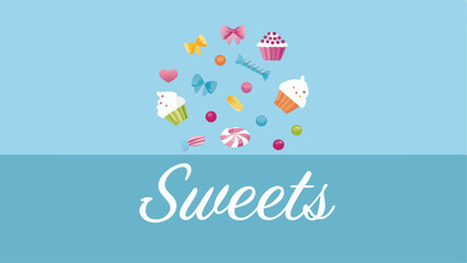 Illustration of cupcakes candies and bows arranged on a light blue background with sweets text below