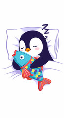Adorable Cartoon Penguin Sleeping with a Plush Fish Toy - Sweet Dreams, Childhood Comfort, and Arctic Charm