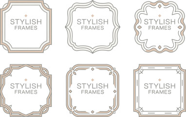 Stylish decorative frame icons. Clean outline shapes in gray with elegant label text space for premium branding  