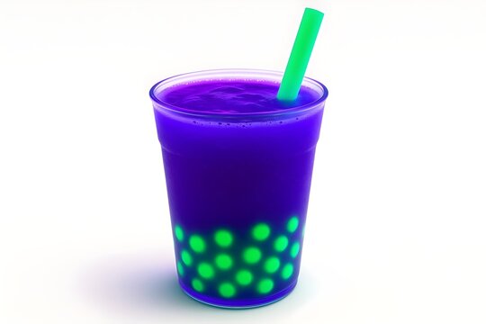 Glow-in-dark boba tea with luminescent pearls, 45-degree, neon straw,   45-degree view  blacklight lighting  purple/green theme  Luminescent pearls - Powered by Adobe