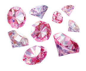 Watercolor Pink Diamond Collection on White Background - Hand-Painted Gemstones for Jewelry Design and Illustration