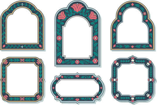Floral arch frame icons. Elegant rich-colored frames with rose decorations and interior space for content placement  
