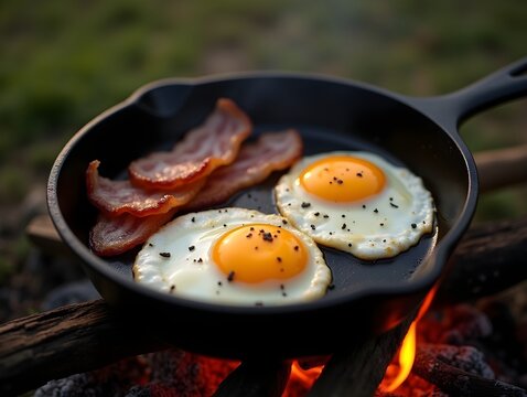 Delicious breakfast of eggs and bacon at the campsite. Cooked food in a cast iron pan on a campfire