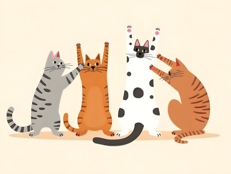 Four stretching cats in flat design with varied fur colors and patterns playful illustration