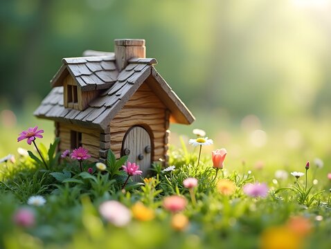 A small wooden house with flowers and grass