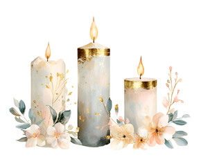 Watercolor Candles with Flowers and Gold Accents - Elegant Illustration for Invitations, Cards, and Festive Decor (Isolated on White)