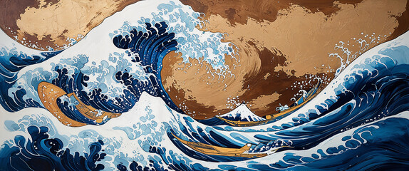 Artistic interpretation of the great wave off kanagawa with boats and mount fuji
