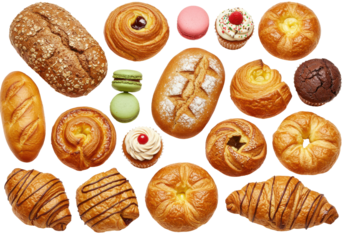 Assorted freshly baked pastries and desserts arranged on a table, showcasing variety