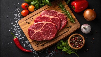 Fresh cuts of beef on a wooden board surrounded by vegetables and spices.