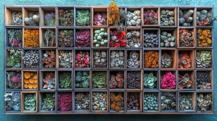 Fototapeta premium Wooden box filled with diverse succulents and dried plants