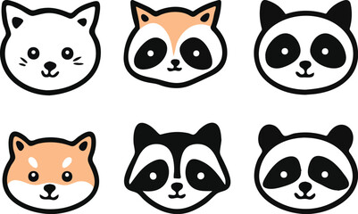 Cute Animal Faces Cat Raccoon Panda and Shiba Inu Dog Vector Illustration Icon Set Isolated on White Background for Kids Fashion Design Print Web Design Banner Poster Sticker Card and Textile Design