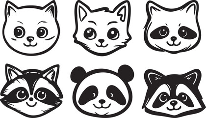 Set of Cute Animal Faces Cat Raccoon and Panda Bear Vector Illustration in Black and White Simple Cartoon Style Ideal for Childrens Books Logos and Merchandise