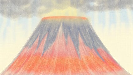 Volcano erupting with colorful ash and clouds overhead.