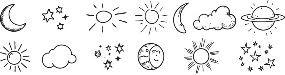 Hand Drawn Doodle Celestial Set Sun Moon Stars Clouds and Planets Vector Illustration Isolated on White Background Concept for Print Web Design Banner Poster Sticker Card and Textile Design