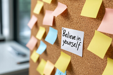 Cork bulletin board featuring a prominent believe in yourself note, surrounded by colorful sticky notes, visually representing motivation and positive self talk in a workspace